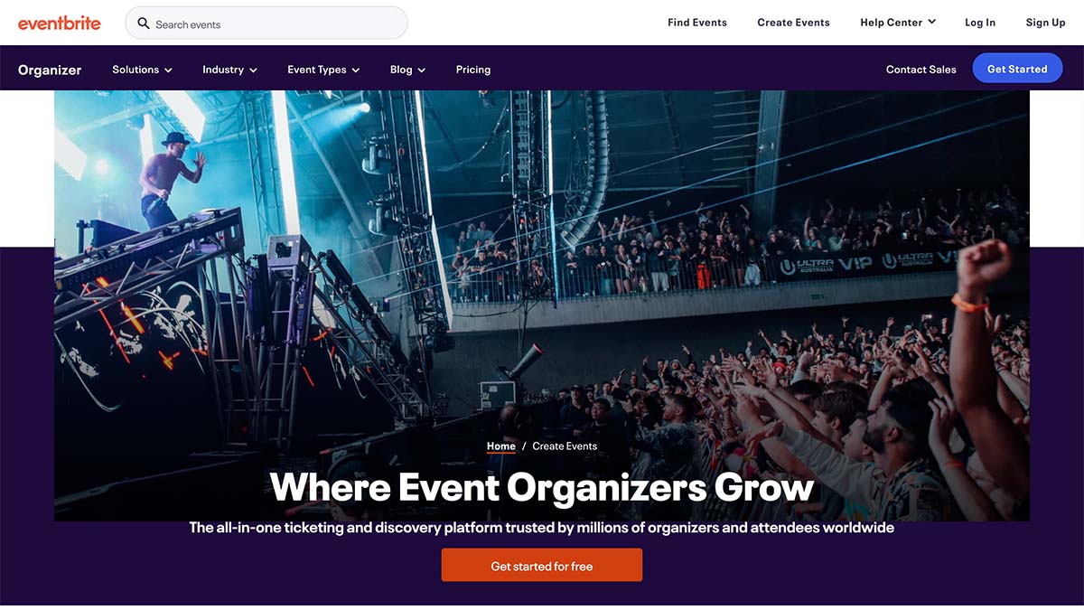 anteprima del sito per eventi Eventbrite