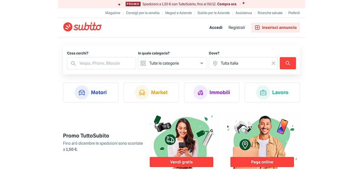 Homepage di Subito, sito dove inserire annunci per vendere usato