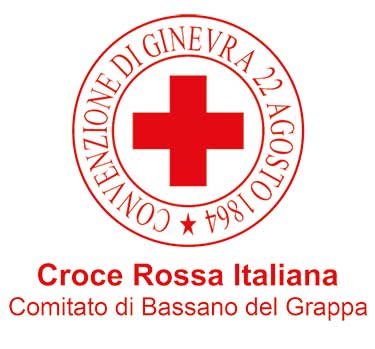 Logo Croce Rossa Italiana, Comitato di Bassano del Grappa. Attorno al logo è scritto: Convenzione di Ginevra 22 agosto 1864