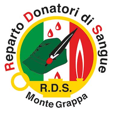 Logo R.D.S. - Reparto Donatori di Sangue Monte Grappa. Nel logo è presente un cappello di alpino e nello sfondo una bandiera italiana.