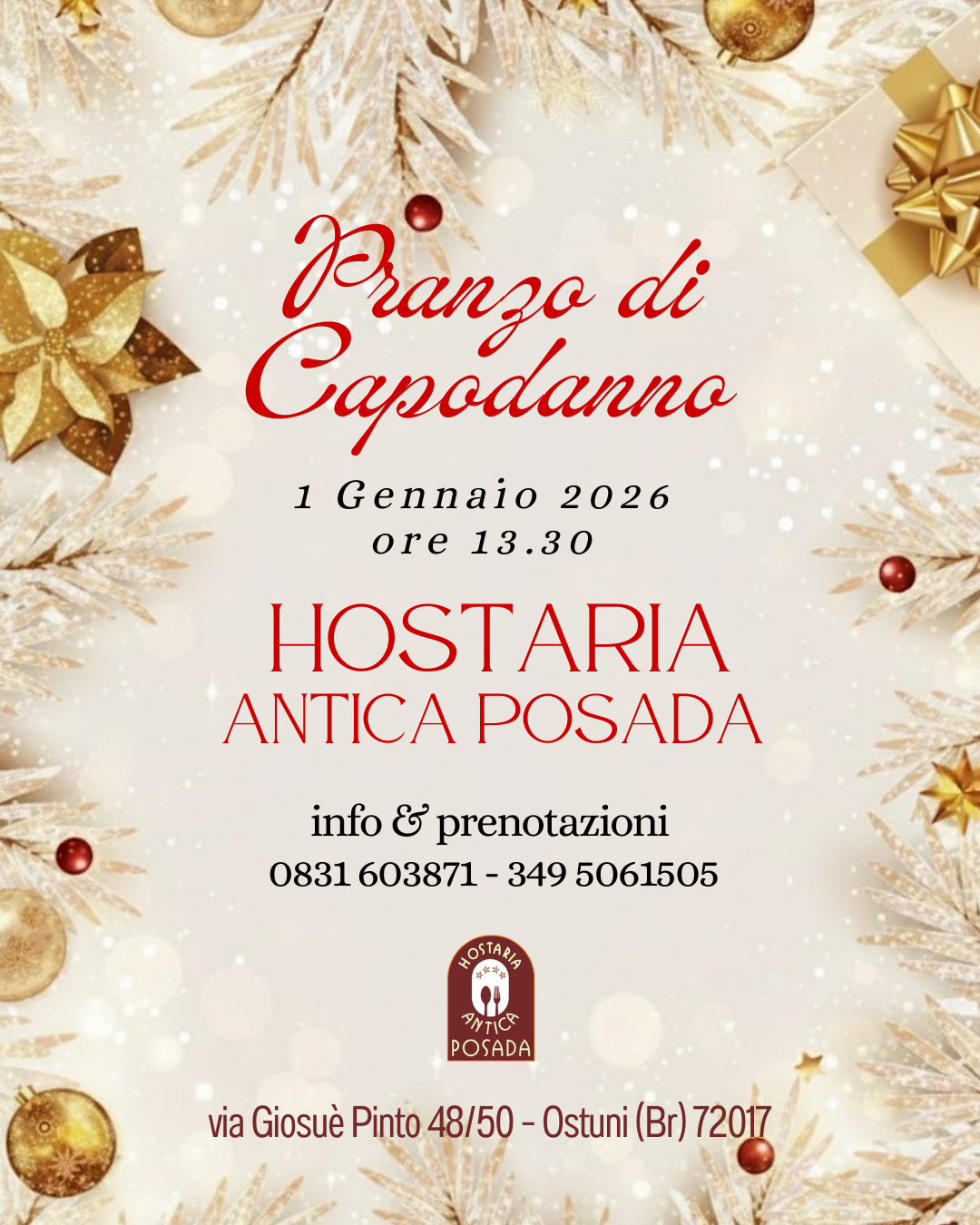 Pranzo di Capodanno 1 Gennaio a Ostuni 