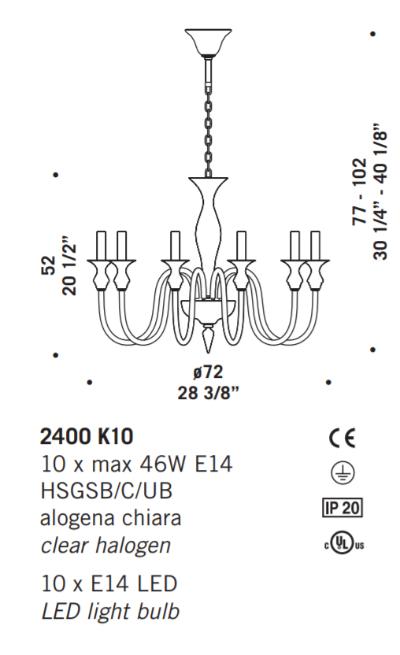 De Majo lampada a sospensione a 10 luci con vetro ambra montatura dorata