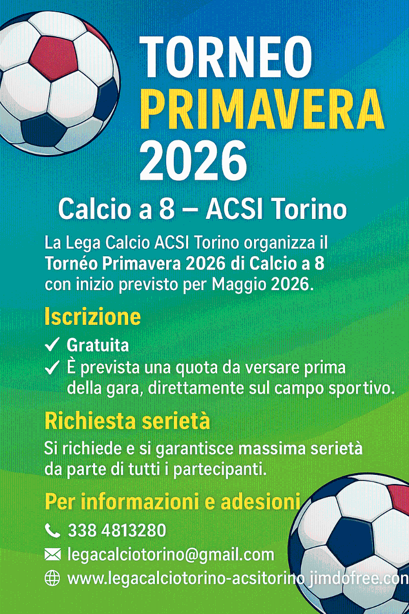 Torneo di calcio a 8 "Primavera 2026" in Torino con iscrizione gratuita