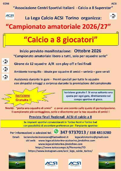 Squadre per campionato amatoriale di calcio a 8 da Ottobre 2026 in Torino.