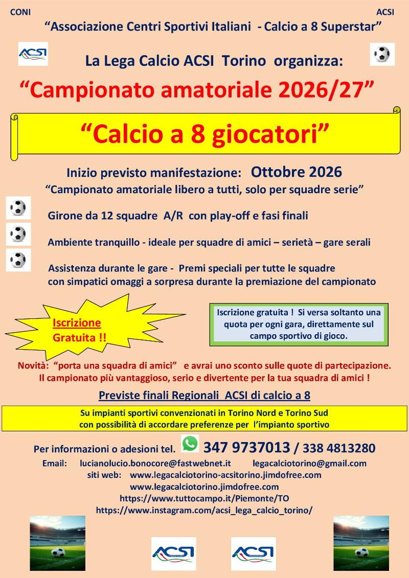 Squadre per campionato amatoriale di calcio a 8 da Ottobre 2026 in Torino.