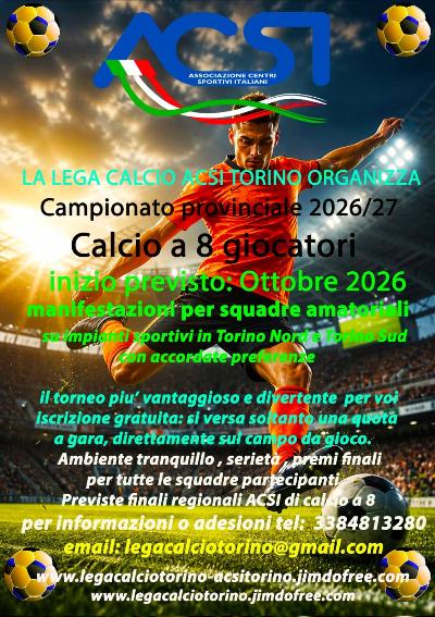 Squadre per campionato amatoriale di calcio a 8 da Ottobre 2026 in Torino.