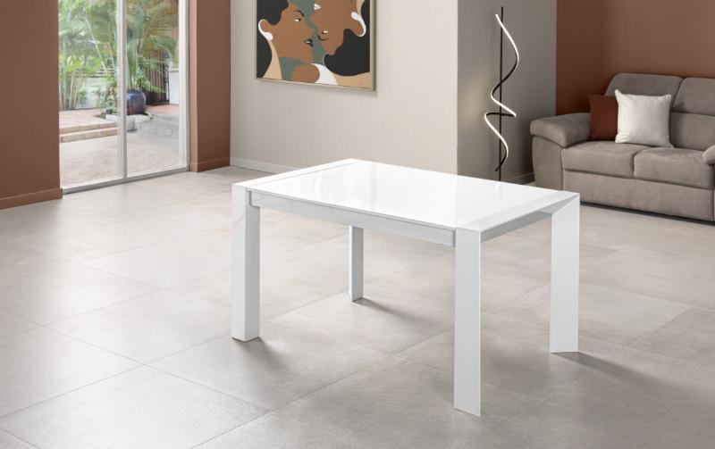 TAVOLO DESIGN BIANCO CON CRISTALLO PIANO ALLUNGABILE.