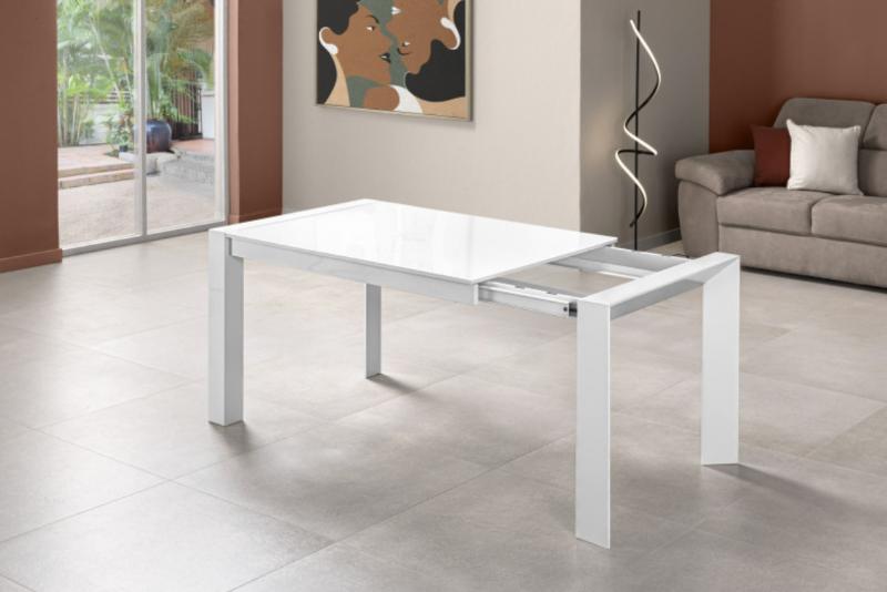 TAVOLO DESIGN BIANCO CON CRISTALLO PIANO ALLUNGABILE.