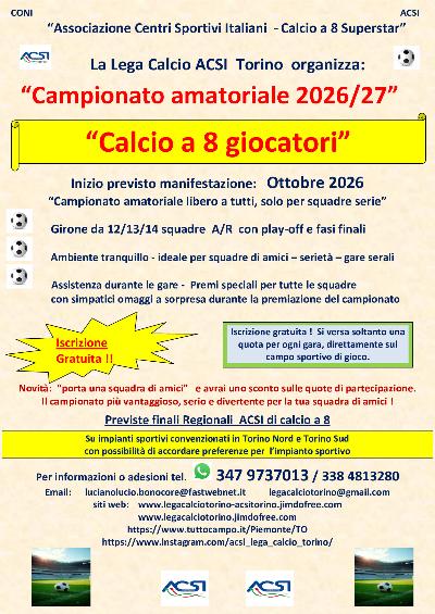 Calcio a 8 squadre per campionato amatoriale da Ottobre 2026 in Torino.