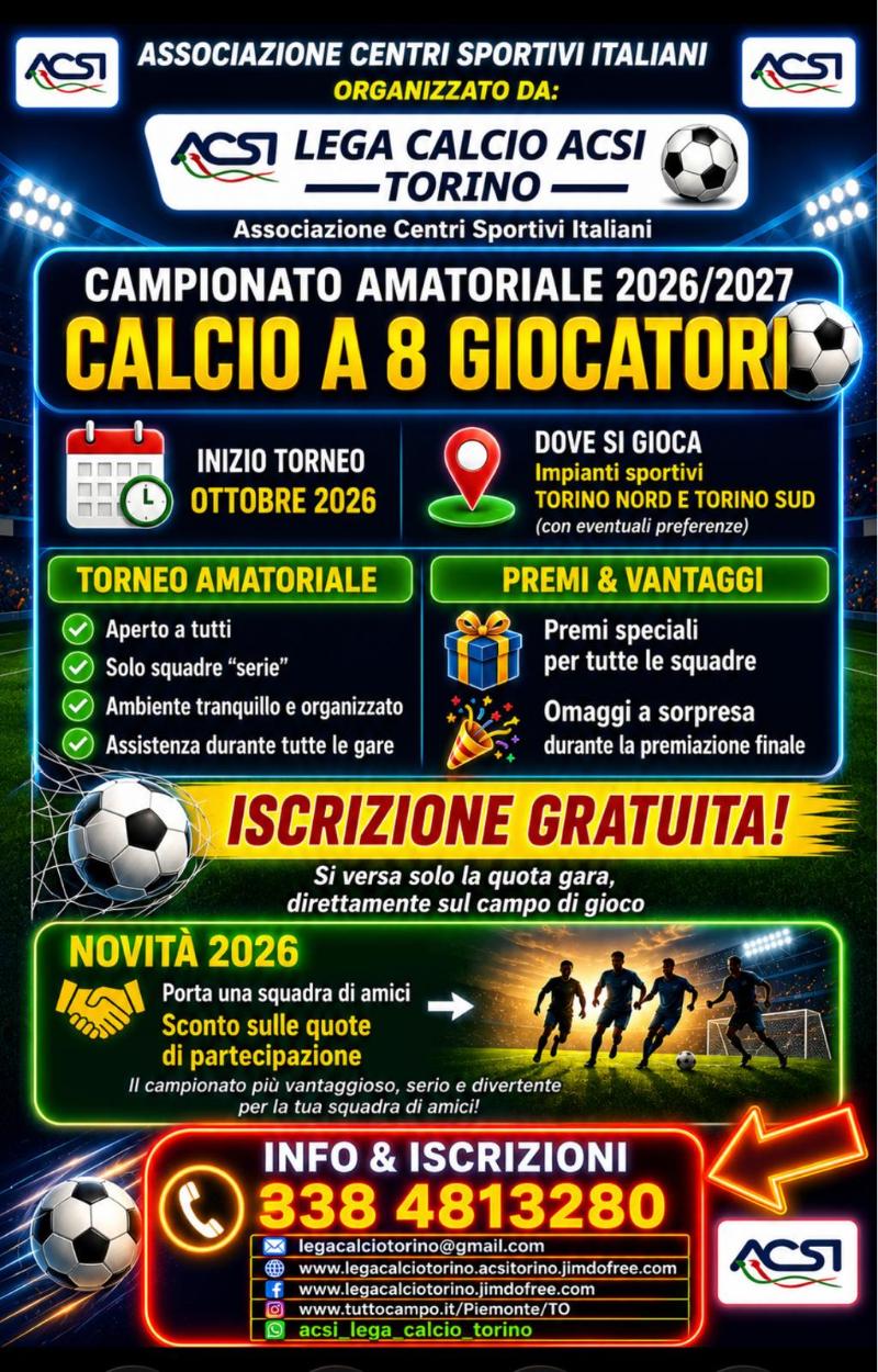 Squadre per Campionato amatoriale di calcio a 8 in Torino da Ottobre 2026